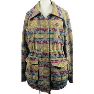 Vtg Bongo Sz L Y2K Tapestry Aztec Tribal Midlength Geometric Print Jacket